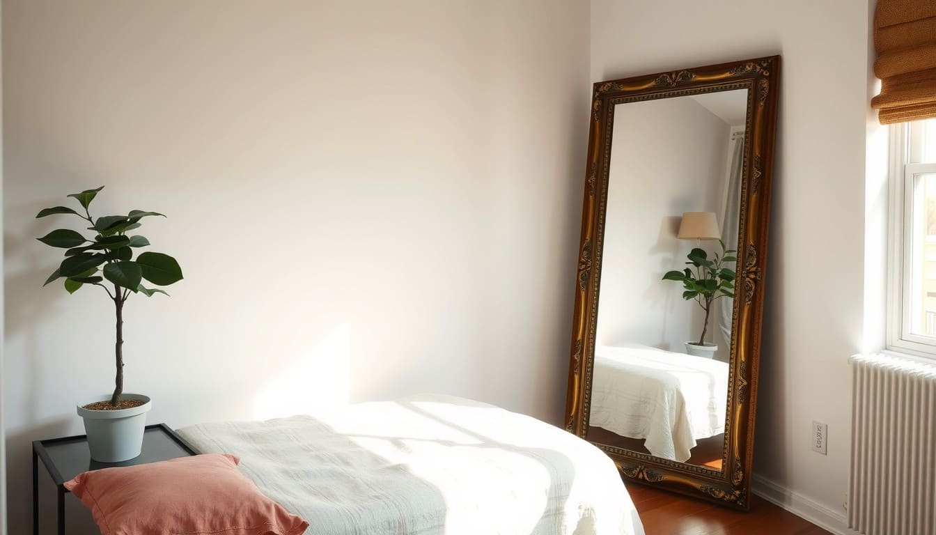 A large gold-framed mirror leaning against the wall in a small, stylish bedroom to create space.